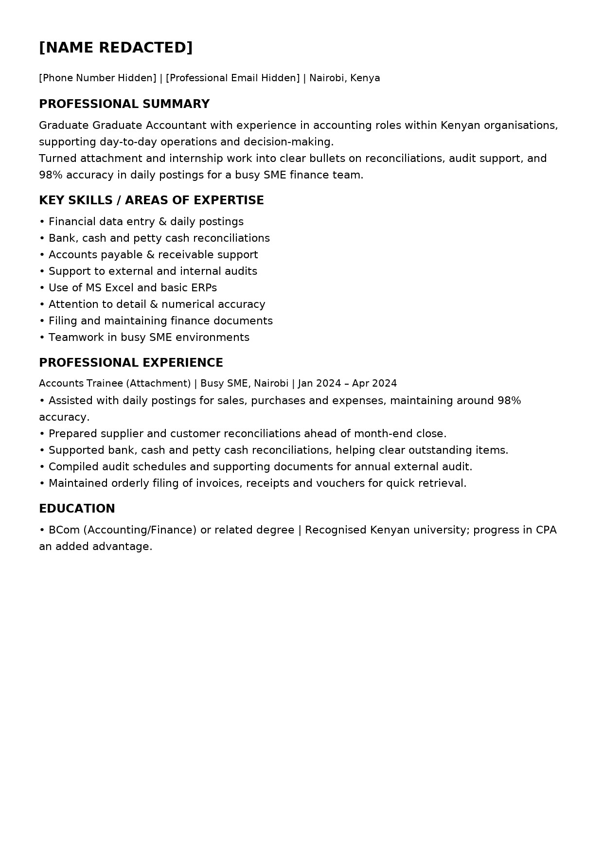 Transformed CV layout for a graduate accountant